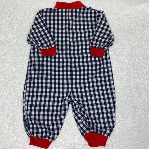 Vintage 90’s navy white checked dog romper polo style red collar and cuffs 6/9 - Picture 5 of 6